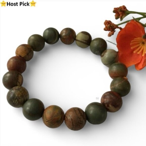 Handmade Jewelry - Handmade Natural Matte Picasso Jasper Beaded Bracelet, 10mm Sz 7.5 - 8"